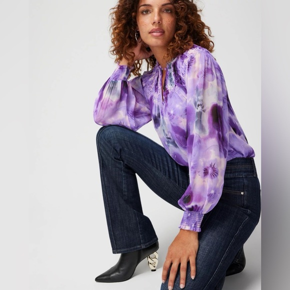 WHBM White House Black Market long sleeve smocked‎ blouse Luna floral pansy L - Picture 7 of 13